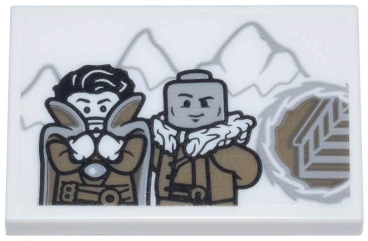 Tile 2 x 3 with Doctor Strange with Cape and Wong with Fur Collar, Light Bluish Gray Mountains and Portal to Dark Tan Staircase Pattern (Sticker) - Set 76218