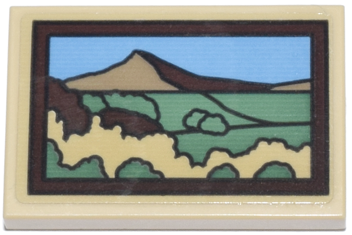 Tile 2 x 3 with Painting with Dark Tan Mountain, Medium Blue Sky, Sand Green and Tan Fields with Bushes in Dark Brown Frame Pattern (Sticker) - Set 76218