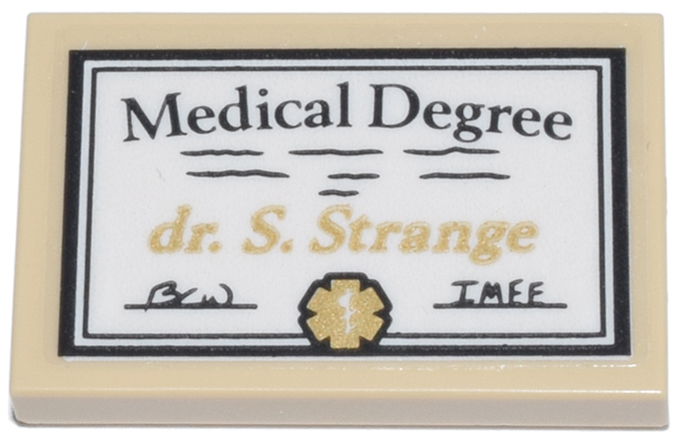 Tile 2 x 3 with White Diploma, Black 'Medical Degree' and Signatures, Gold 'dr. S. Strange' and Seal Pattern (Sticker) - Set 76218