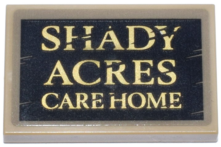 Tile 2 x 3 with Black Sign with Gold Scratched  'SHADY ACRES CARE HOME' Pattern (Sticker) - Set 76218