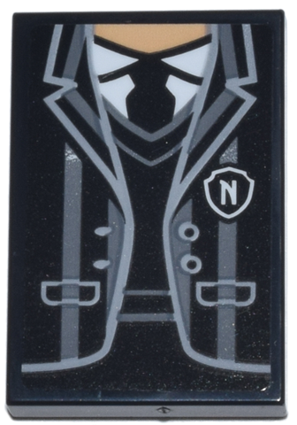 Tile 2 x 3 with Suit Jacket with Dark Bluish Gray Stripes, Light Bluish Gray Trim, White Badge Letter N and Medium Tan Neck Pattern (Sticker) - Set 76780