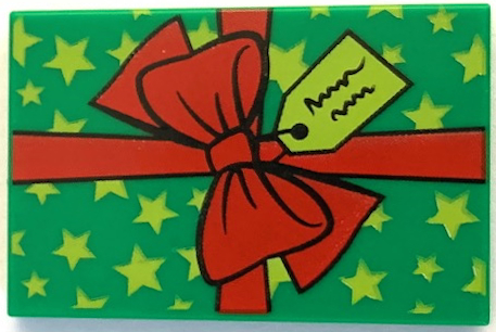 Tile 2 x 3 with Present / Gift with Red Ribbon with Bow, Lime Tag and Stars Pattern (BAM)