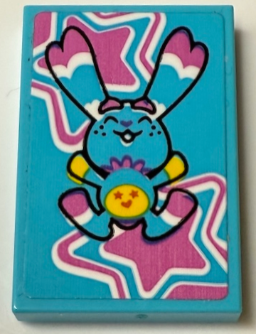 Tile 2 x 3 with Bunchu Bunny with Yellow Hands, Smiley Face on Stomach, and Dark Pink and White Stars Pattern (Sticker) - Set 71461