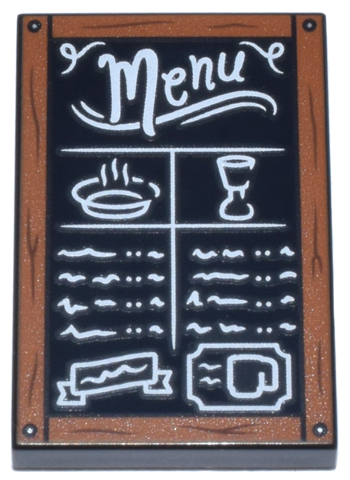 Tile 2 x 3 with Blackboard with Dark Orange Frame with Wood Grain and Nails, White 'Menu', Food Items and Scribbles Pattern