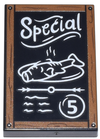 Tile 2 x 3 with Blackboard with Dark Orange Frame with Wood Grain and Nails, White 'Special', Fish Platter, Scribbles and Number 5 Pattern