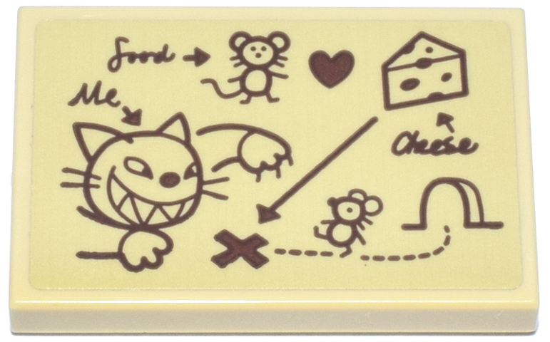 Tile 2 x 3 with Dark Brown and Reddish Brown Diagram Drawing with Cat, Mice, Heart, Arrows, 'Cheese', 'Me' and 'Food' Pattern (Sticker) - Set 43275