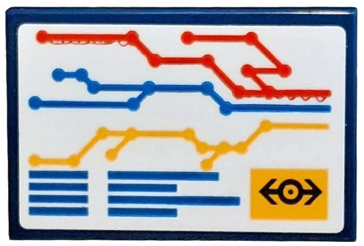 Tile 2 x 3 with Blue, Bright Light Orange and Red Train Map and Schedule with Black Train Logo on White Background Pattern (Sticker) - Set 910034