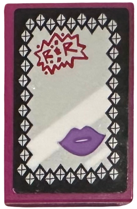 Tile 2 x 3 with Mirror with Red 'RR', Medium Lavender Lips and Black Border with Diamonds Pattern (Sticker) - Set 41254