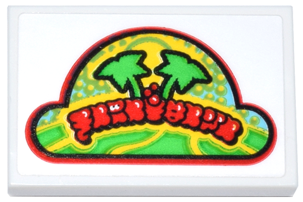 Tile 2 x 3 with Logo with Red Stylized Ninjago Logogram 'PARATEASA', Bright Green Palm Trees and Yellow Sun Pattern (Sticker) - Set 71837