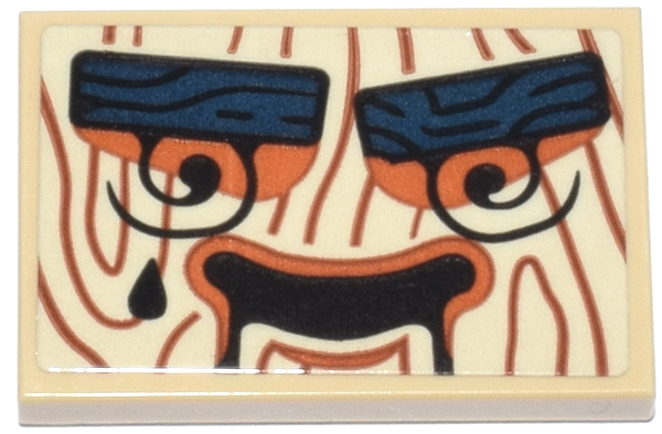 Tile 2 x 3 with Dark Orange Wood Grain, Dark Blue Eyebrows, Black Swirl Eyes and Mouth Pattern (Ninjago Dorama's Puppet Face) (Sticker) - Set 71837