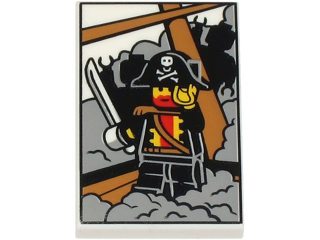 Tile 2 x 3 with Picture of Pirate Captain Minifigure on Ship with Rigging, Light Bluish Gray Fog and Black Minifigure Silhouettes Pattern (BAM)