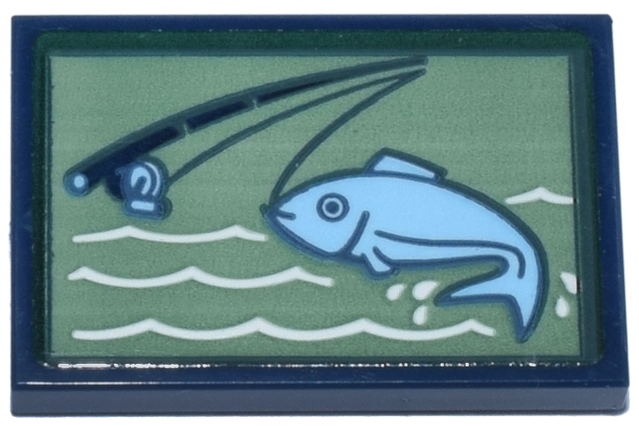 Tile 2 x 3 with Bright Light Blue Fish, Fishing Pole, White Waves on Sand Green Background and Dark Green Border Pattern (Sticker) - Set 910040