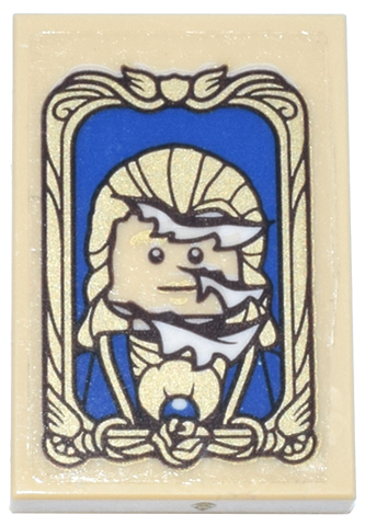 Tile 2 x 3 with Portrait of Beast / Prince Adam, Claw Marks and Torn Canvas, Ornate Gold Frame and Blue Background Pattern (Sticker) - Set 43263