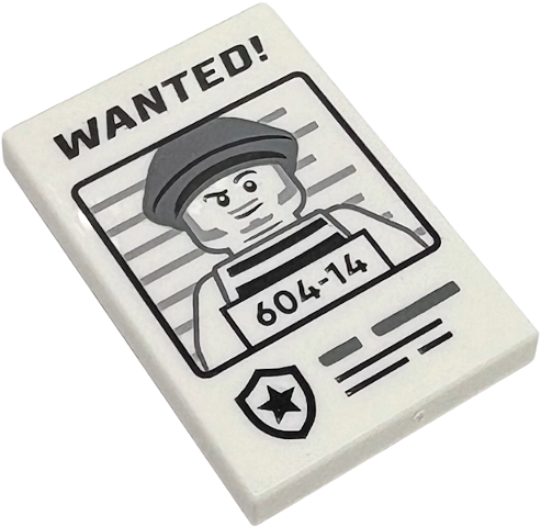 Tile 2 x 3 with Black 'WANTED!' and Dark Bluish Gray Minifigure with '604-14' Pattern