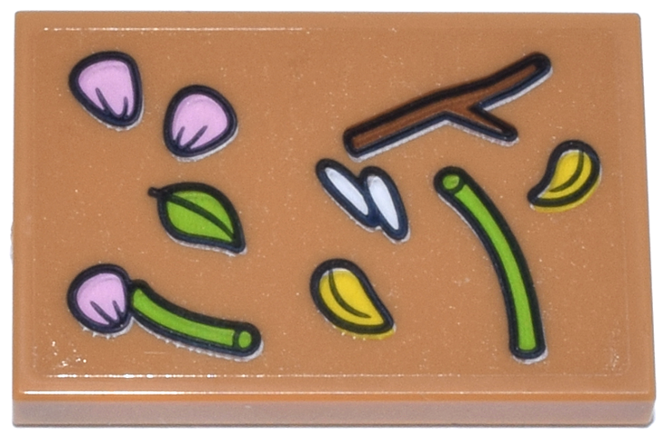 Tile 2 x 3 with Reddish Brown Stick, Lime Stems and Leaf, Bright Pink, White and Bright Light Orange Flower Petals Pattern (Sticker) - Set 42671