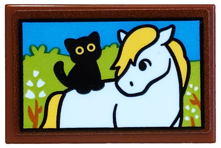 Tile 2 x 3 with Painting of Pony Bramble and Cat Pluto in Grass with Flowers Pattern (Sticker) - Set 42654