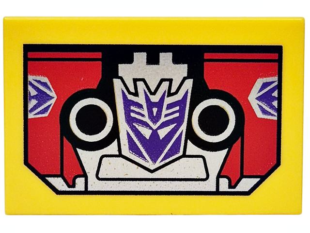 Tile 2 x 3 with Cassette Tape with Dark Purple and Silver Transformers Decepticon Logo and Circles on Black and Red Background Pattern (Laserbeak)