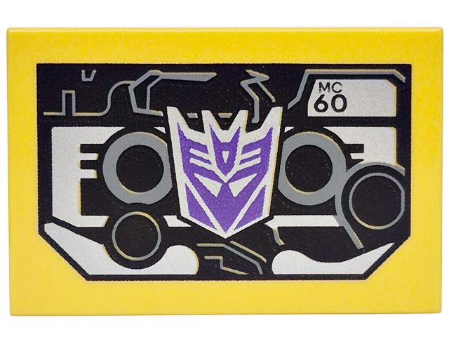 Tile 2 x 3 with Cassette Tape with Dark Purple and Silver Transformers Decepticon Logo, 'MC-60' and Dark Bluish Gray Circles on Black Background Pattern (Ravage)