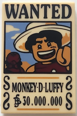 Tile 2 x 3 with Wanted Poster with Black 'WANTED' 'MONKEY-D-LUFFY' (Berry) '$30.000.000' Pattern