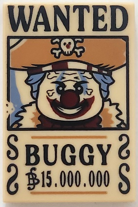 Tile 2 x 3 with Wanted Poster with Black 'WANTED' 'BUGGY' (Berry) '15.000.000' Pattern