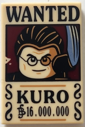 Tile 2 x 3 with Wanted Poster with Black 'WANTED' 'KURO' (Berry) '16.000.000' Pattern