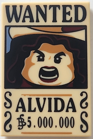 Tile 2 x 3 with Wanted Poster with Black 'WANTED' 'ALVIDA' (Berry) '5.000.000' Pattern