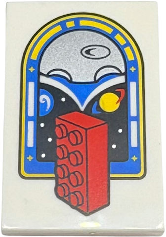 Tile 2 x 3 with Red 2 x 4 Brick and Blue, Silver, Yellow and Black Arch, Dots and Lunar Outpost Logo Pattern