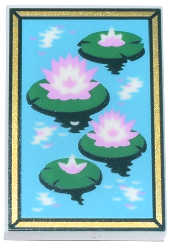 Tile 2 x 3 with Green and Dark Green Water Lily Pads with White and Bright Pink Flowers, Medium Azure Water and Gold Frame Pattern