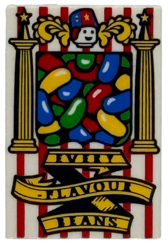 Tile 2 x 3 with HP Bertie Bott's Beans Box with Green, Blue, Red and Yellow Jelly Beans, Pillars, Stripes and 'EVERY-FLAVOUR BEANS' on Banner Pattern