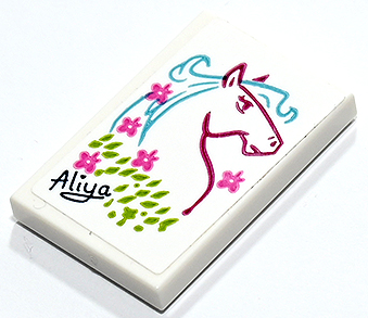 Tile 2 x 3 with Drawing of Medium Azure and Dark Red Horse with Dark Pink Flowers and 'Aliya' Signature Pattern (Sticker) - Set 41731