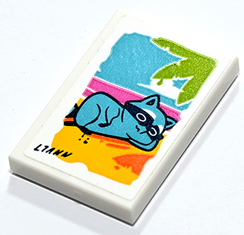 Tile 2 x 3 with Painting of Beach with Medium Azure Raccoon, Lime Palm Tree Leaves and Black 'LIANN' Pattern (Sticker) - Set 41731