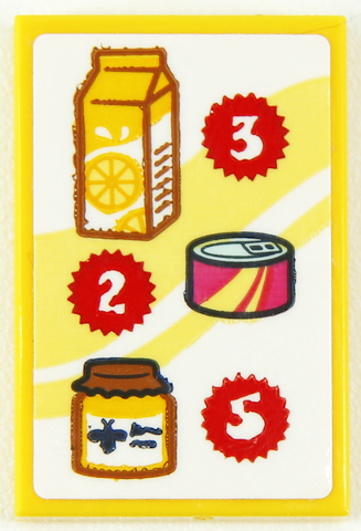 Tile 2 x 3 with Price List with Carton of Orange Juice, Tin Can, Jar of Honey, Numbers 3, 2 and 5 on Red Starbursts Pattern (Sticker) - Set 41704