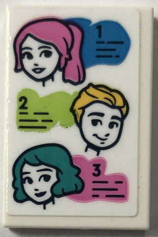 Tile 2 x 3 with Heads with Dark Pink, Bright Light Orange and Dark Turquoise Hairstyle Examples with Numbers 1, 2 and 3 Pattern (Sticker) - Set 41743