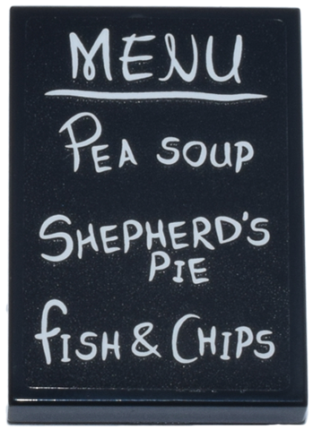 Tile 2 x 3 with White 'MENU', 'PEA SOUP', 'SHEPHERD'S PIE' and 'FISH & CHIPS' Pattern (Sticker) - Set 76457