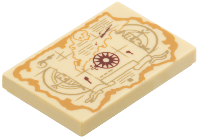 Tile 2 x 3 with Treasure Map, Dark Tan Writing Lines, Dark Red Compass Rose, Medium Nougat Skull, Land Outline and Border Pattern