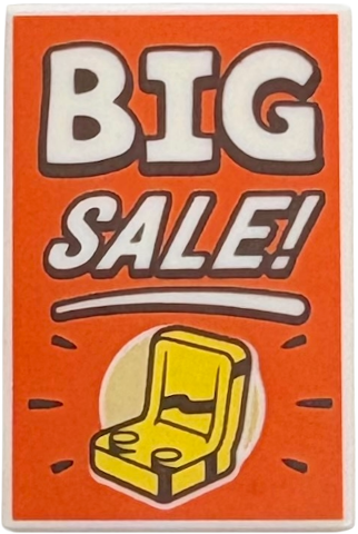 Tile 2 x 3 with 'BIG SALE!' Sign and Yellow Minifigure Seat on Reddish Orange Background Pattern