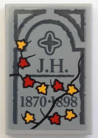 Tile 2 x 3 with Tombstone, Dark Bluish Gray 'J.H. 1870-1898' and Leaves Pattern (Sticker) - Set 910049