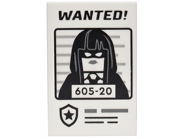 Tile 2 x 3 with Poster, Black Minifigure with Mask, Police Star Badge Logo, 'WANTED!' and '605-20' Pattern