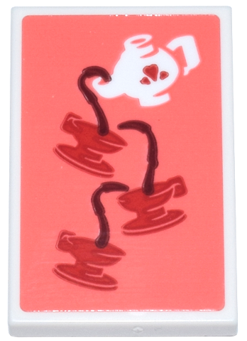 Tile 2 x 3 with Teapot Pouring Dark Red Tea, Red Hearts and Cups and Saucers on Coral Background Pattern (Sticker) - Set 11370