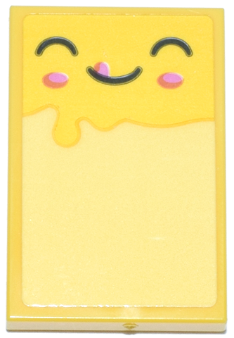 Tile 2 x 3 with Black Curved Line Smiley Face and Bright Pink and Dark Orange Cheeks and Tongue and Bright Light Yellow Background Pattern (Sticker) - Set 42692