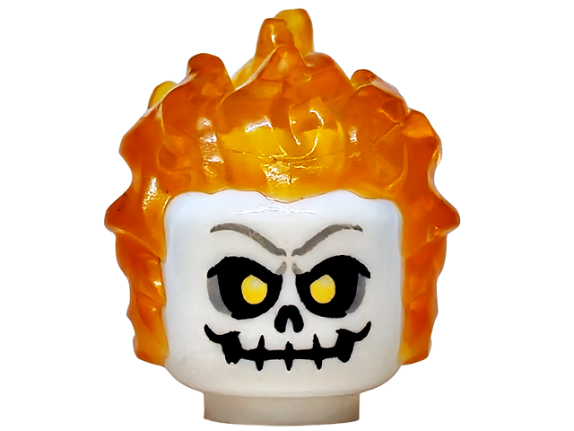 Minifigure, Head, Modified with Molded Trans-Orange Flaming Hair and Printed Skull with Yellow Eyes Pattern (Ghost Rider, Johnathon "Johnny" Blaze)