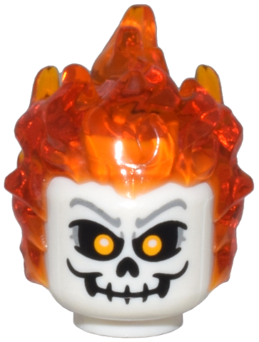 Minifigure, Head, Modified with Molded Trans-Orange Flaming Hair and Printed Skull with Bright Light Orange Eyes Pattern (Ghost Rider, Johnathon "Johnny" Blaze)