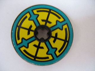 Technic, Disk 3 x 3 with Dark Turquoise, Yellow and Black Pattern on Both Sides (Stickers) - Set 8269