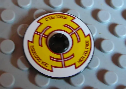 Technic, Disk 3 x 3 with 'HIGH VOLTAGE', 'FORCE FIELD', '2,500,000 VAC' on Yellow Pattern (Sticker) - Set 8102