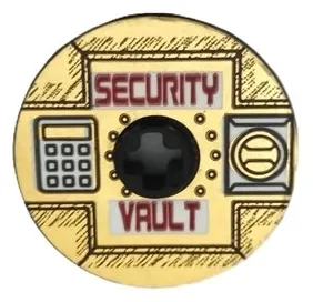 Technic, Disk 3 x 3 with Dark Red 'SECURITY VAULT' on Gold Background Pattern (Sticker) - Set 8107