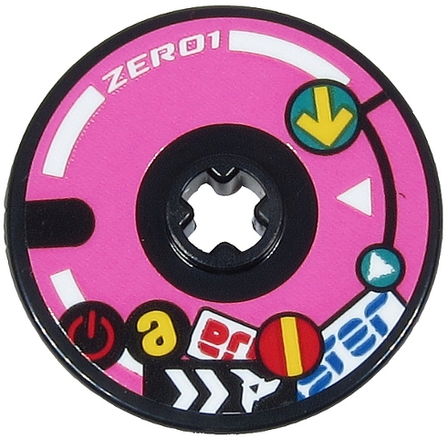 Technic, Disk 3 x 3 with White 'ZERO1', Stripes and Triangles, Yellow Arrow and Stripe and Red Power Button Pattern (Sticker) - Set 71710