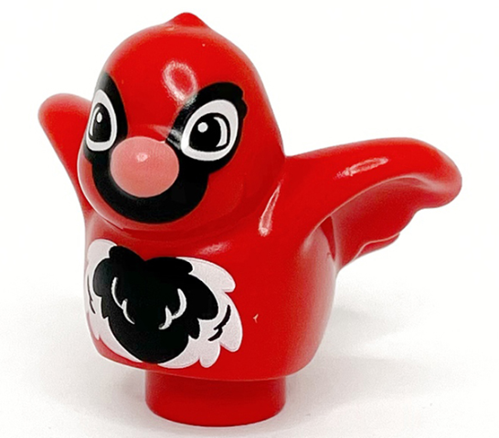 Duplo Bird with Black and White Eyes, Face, and Chest Feathers, Coral Beak Pattern