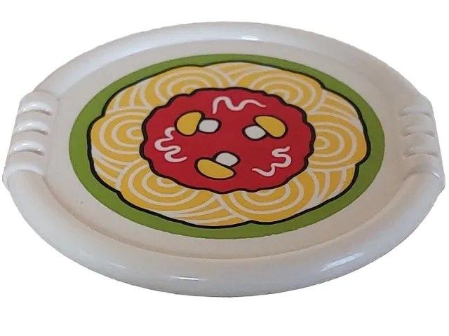 Duplo Utensil Disk with Red Tomato Sauce, Yellow Mushrooms, and Spaghetti Pasta on Lime Background Pattern