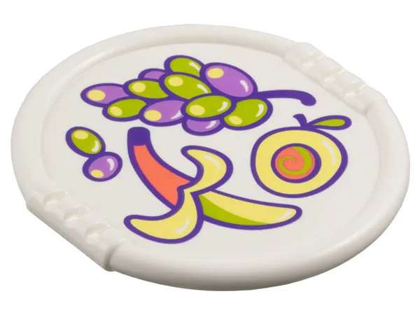 Duplo Utensil Disk with Coral, Bright Light Yellow, Lime, and Medium Lavender Apple, Banana and Grapes Pattern