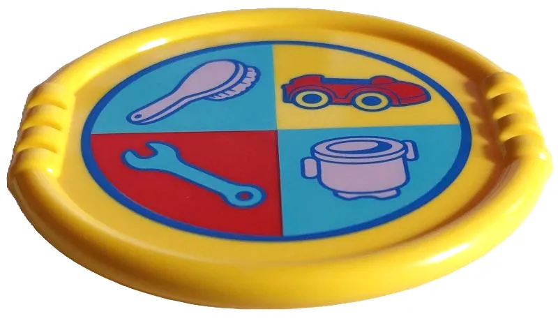 Duplo Utensil Disk with Blue Circle, Lavender Brush and Kettle, Red Car and Medium Azure Wrench in Quarter Circles Pattern